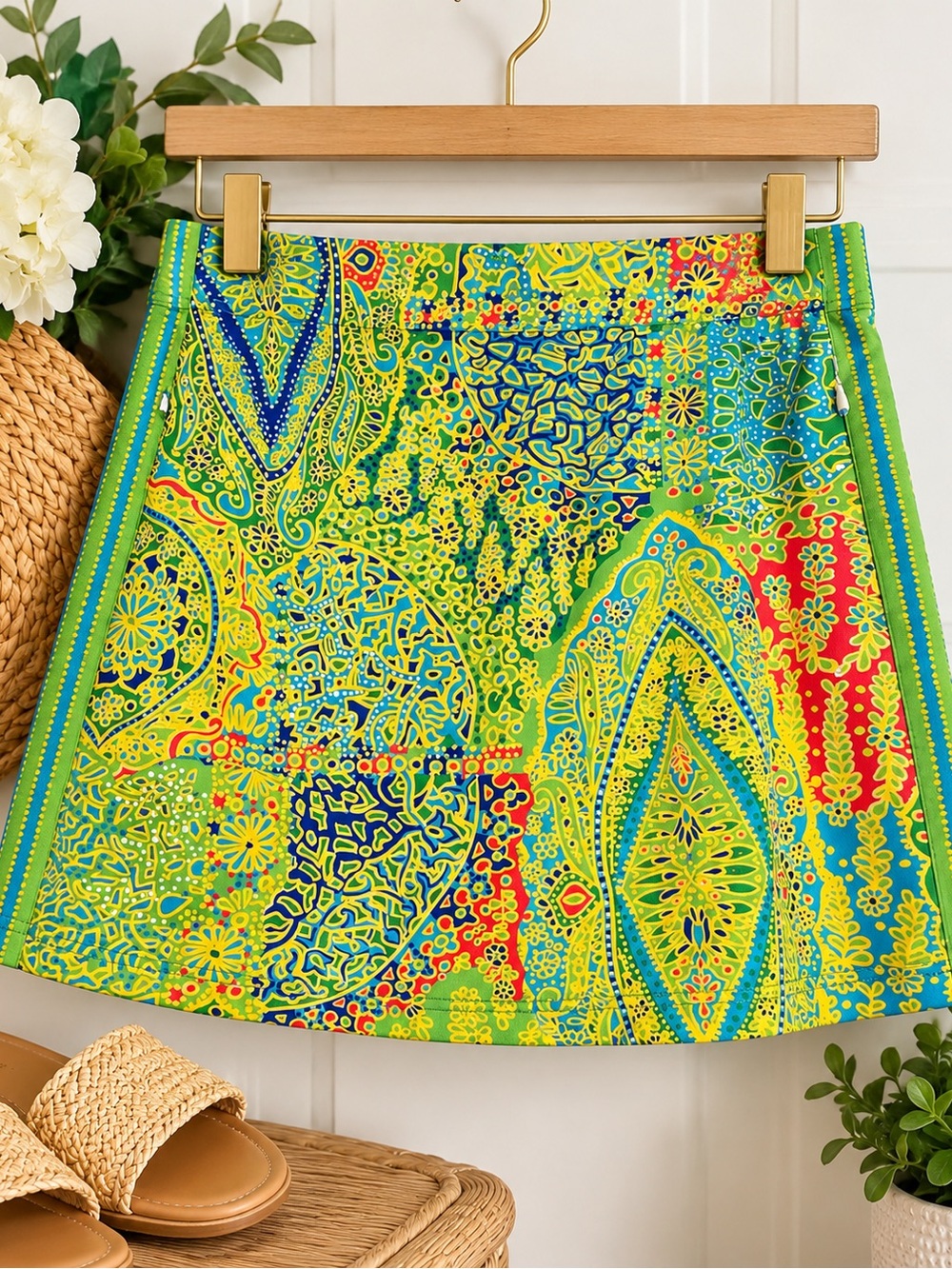 Gretchen Scott Designs Neon Paisley Patchwork Skort in Lime, Blue & Red